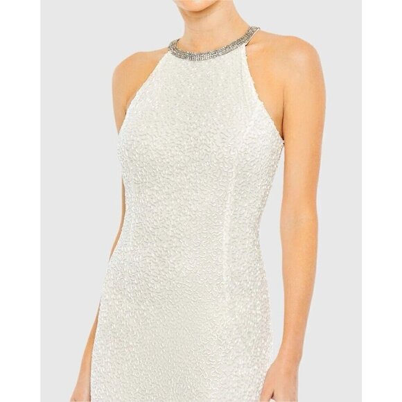 Mac Duggal Womens 4 White Beaded Sleeveless Halter Formal Long Gown Dress Flaws - Picture 2 of 16